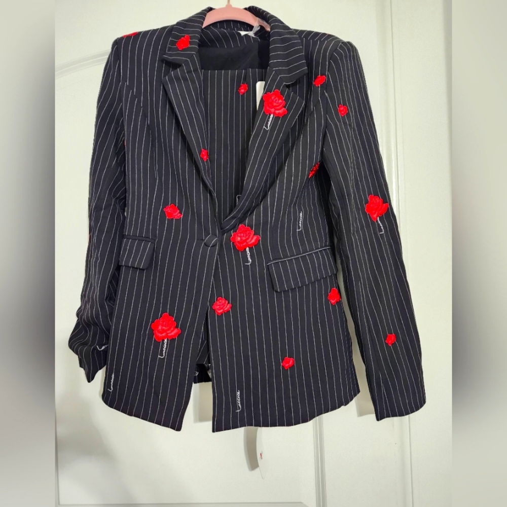 Pin striped rose embellished suit